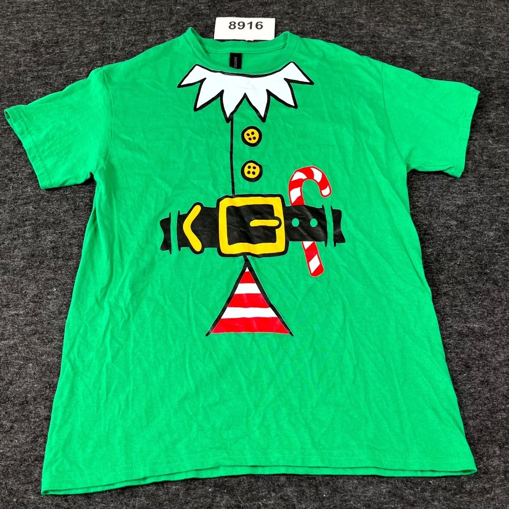 Gildan T Shirt Mens Medium Green Christmas Elf Holiday Costume Graphic Crew Neck